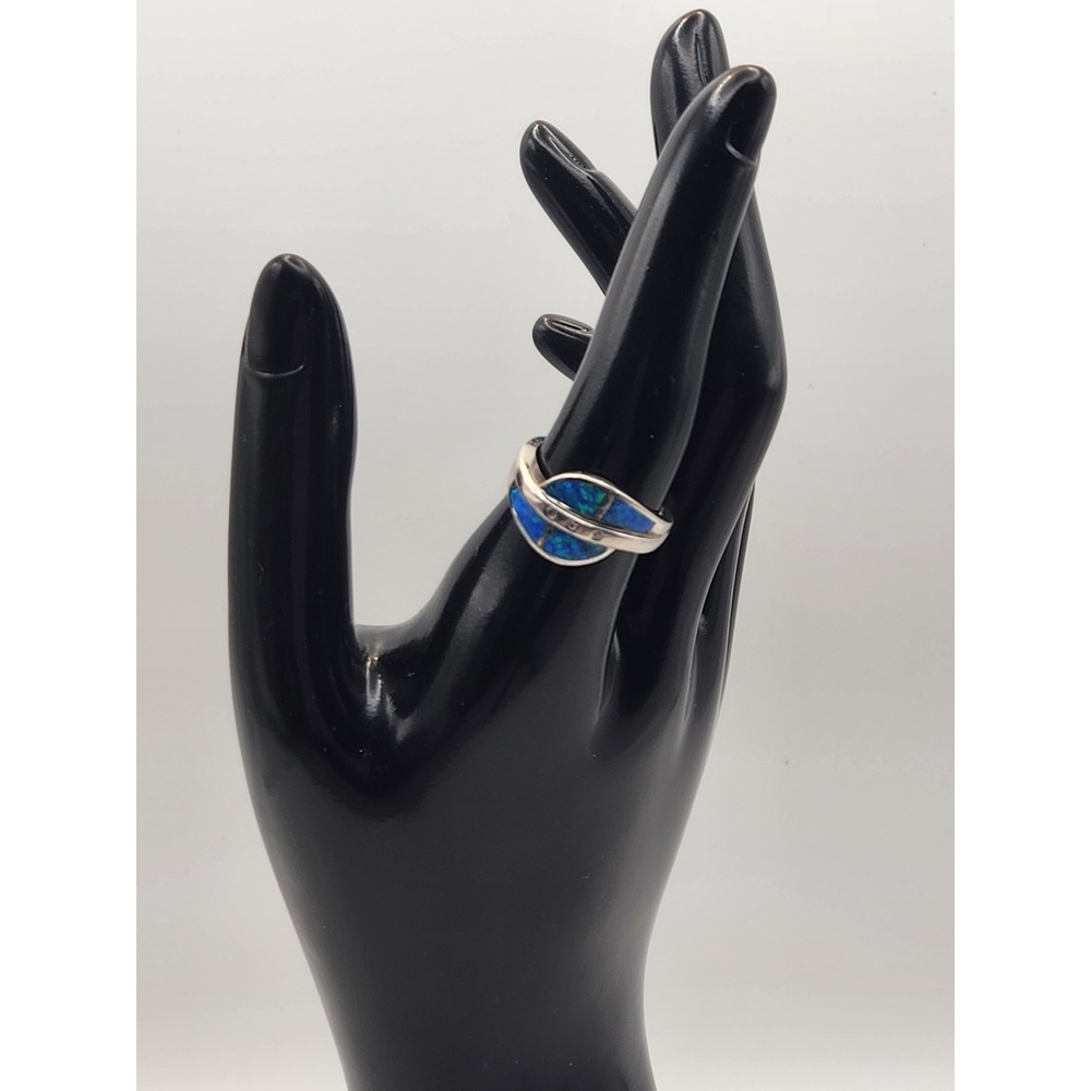 925‎ Sterling Silver Blue Lab Opal Bypass Inlay Ring Size 7.75 Geometric CZ
